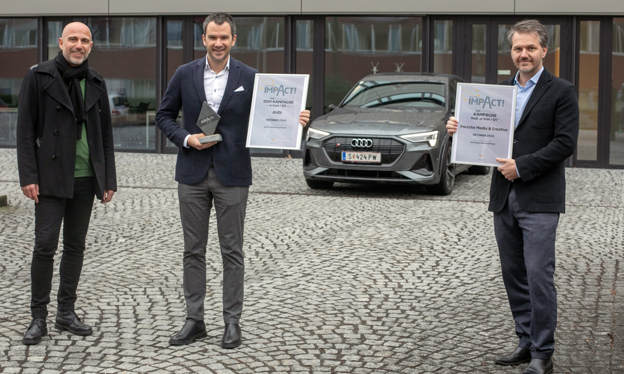 V.l.n.r.: Thomas Frauenschuh (Regionalleiter Salzburg EPAMEDIA), Bernhard Loos (Head of Marketing & Sales Audi Austria), Oskar Huber (Leitung Porsche Media PMC). © EPAMEDIA